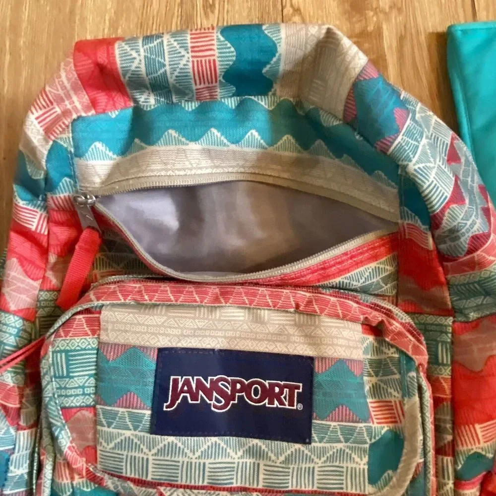 Jansport‎ Aztec Pattern Coral Teal Cream Multiple Zippers Laptop Insert Hg11